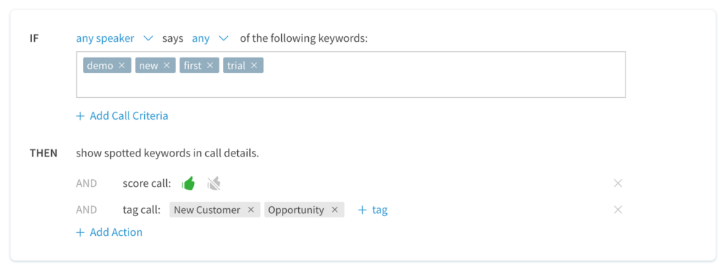 Setting for keyword criteria and call scoring