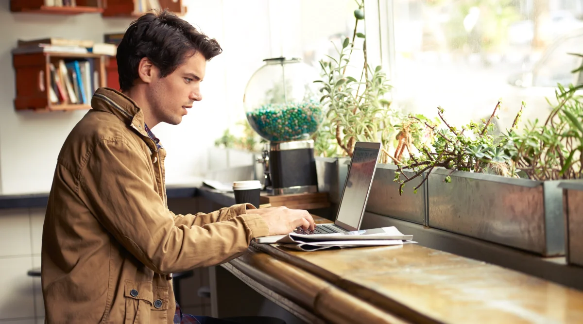 Man working on a laptop by a sunny window with plants