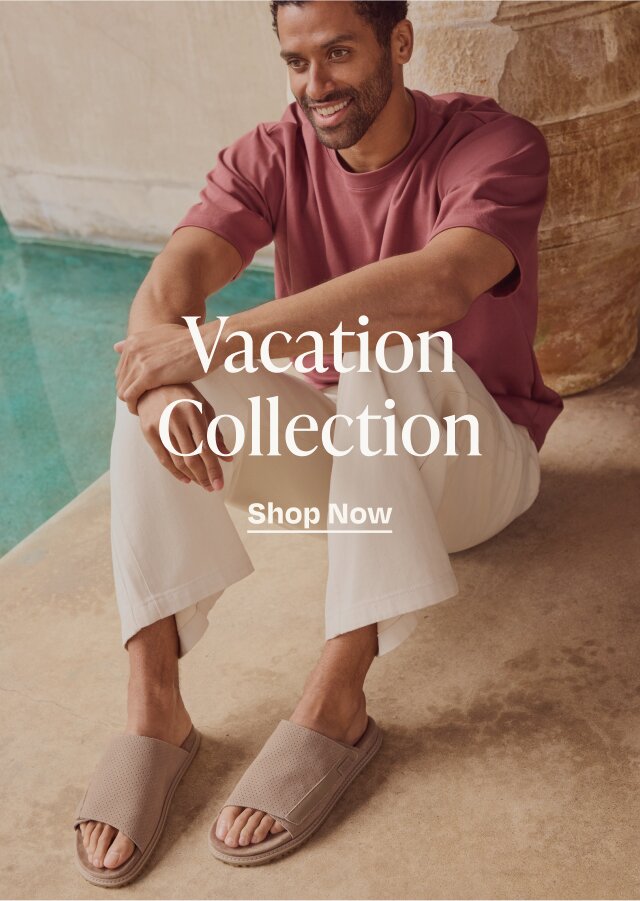 Vacation Collection. Shop now. Danilo Slide Sandal in Dune Perforated Suede colorway shown.